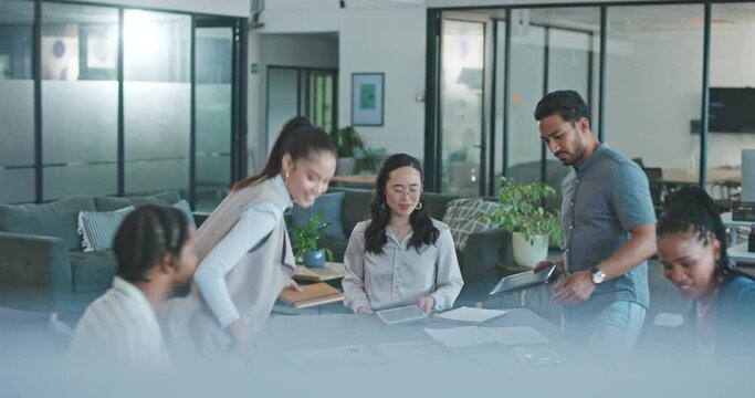 Business, teamwork and walking to office boardroom for meeting, discussion and planning. Diversity group of employees ready to start collaboration, workshop and company presentation in startup agency