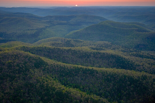 Aerial of Richland Creek Wilderness at sunrise, Ozark Highlands Trail, Arkansas.