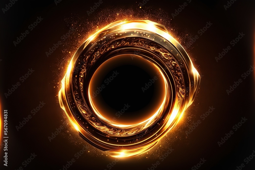 Poster a circular object with a black background and some yellow lights around it and a black circle with a