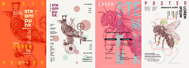 A steampunk bird and bee. Engraving style. Typography posters design. Simple pencil drawing. Set of flat vector illustrations. Print, banner, label, cover or t-shirt.