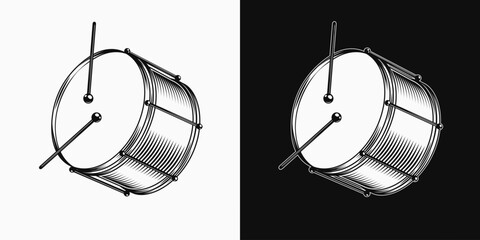Black and white drum with drumsticks. Traditional percussion musical instrument for carnival show, holiday. Side view. - obrazy, fototapety, plakaty