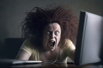 femme en train de se tirer les cheveux devant son ordinateur portable - illustration ia