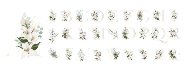 Floral Alphabet. Letters with white botanic springs flowers, branch bouquet composition. Wedding invitations, birthdays. Vector illustration.