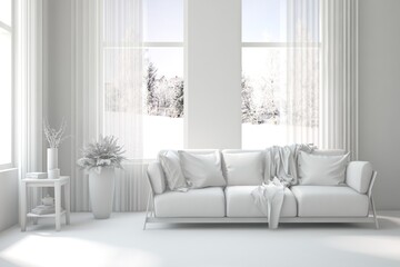 Mock up of stylish room in white color with sofa and winter landscape in window. Scandinavian interior design. 3D illustration