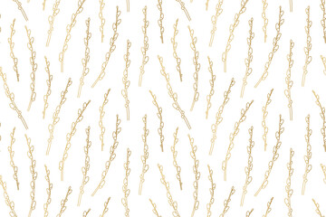 golden seamless willow catkins twigs pattern; spring, Easter background- vector illustration