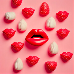 Collection open mouth. Beautiful female lips collection isolated on pink background