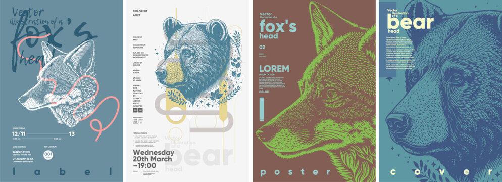 Fox and bear. Engraving style. Typography posters design. Simple pencil drawing. Set of flat vector illustrations. Print, banner, label, cover or t-shirt.