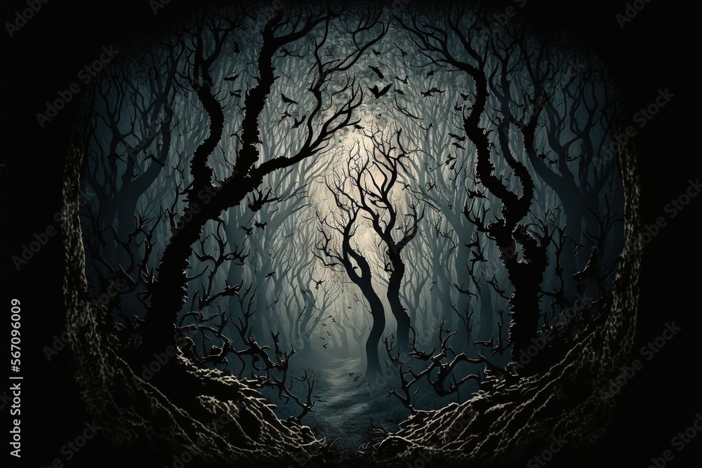 Poster a painting of a dark forest with a light at the end of the tunnel and trees at the end of the tunnel