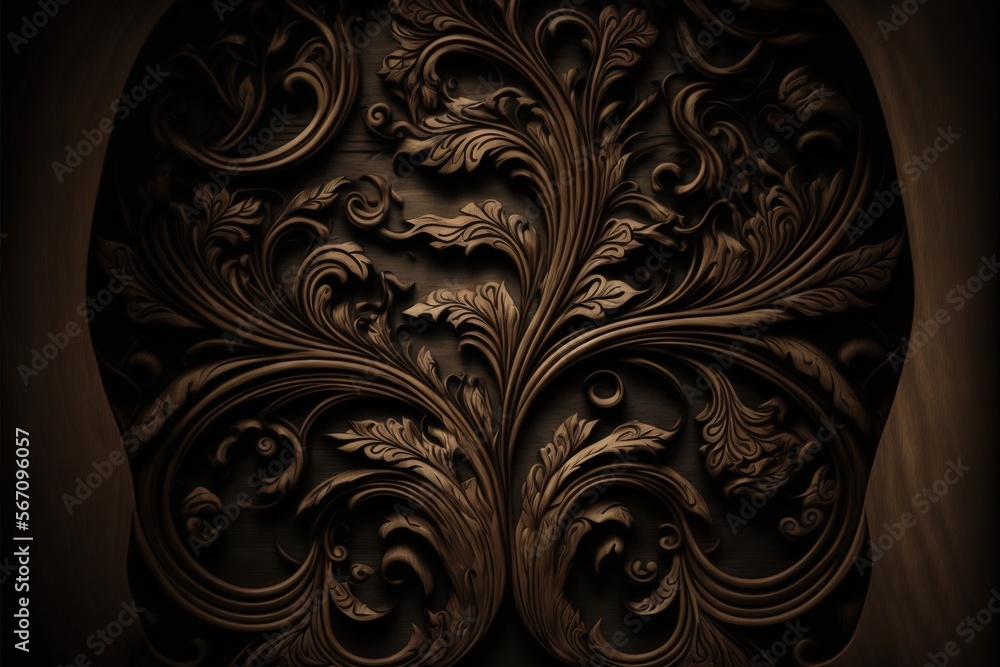 Poster an intricately designed piece of wood in a dark room with a light shining on it's side and a dark ba
