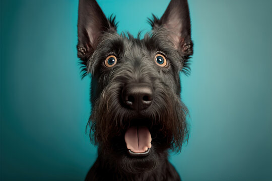 Studio portrait of a scottish terrier dog with a surprise, concept of Posed Photography and Pet Portrait, created with Generative AI technology