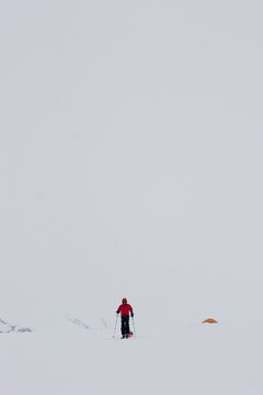 Glacier geology PhD student skis over the Brady Glacier during whiteout blizzard conditions, while pulling a sled of geophysical
