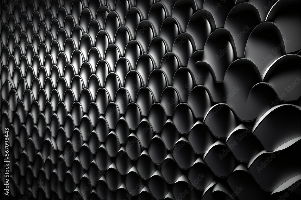 Poster  a black wall with a bunch of round objects on it's side and a black background with a white circle on it's side.  generative ai