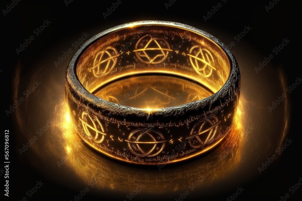Aufkleber a gold ring with four interlocked circles on a black background with a glowing light around it and a