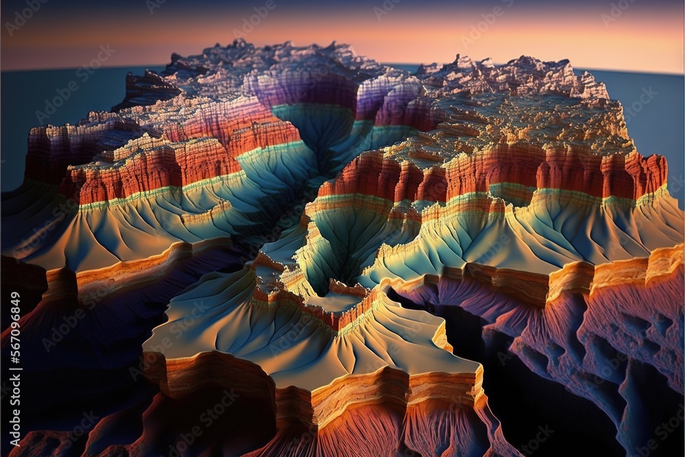 Poster a computer generated image of a mountain range with a colorful layer of rock formations in the foreg