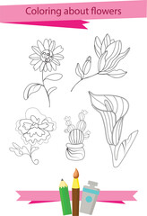 Coloring page about flowers. educational coloring book for children