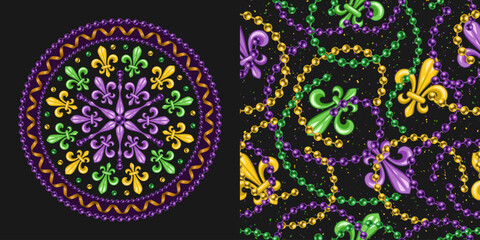 Set of round ornament, seamless pattern for Mardi gras carnival decoration. Fleur de lis, ribbons, string of beads, on dark textured background. For prints, clothing, t shirt, holiday goods, stuff