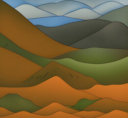 Illustration of a mountain landscape in 2D flat style. Simplified depiction of outdoor landscape made with generative AI technology.