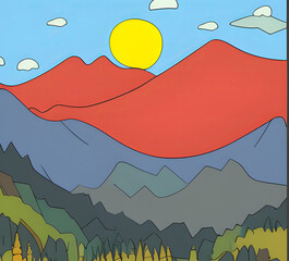 Illustration of a mountain landscape in 2D flat style. Simplified depiction of outdoor landscape made with generative AI technology.