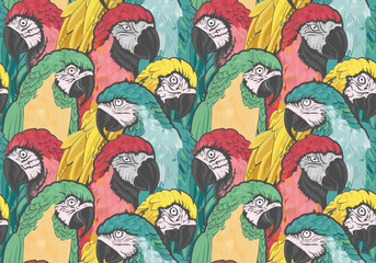 Bright and colorful seamless pattern of green, blue, yellow, and red parrots.
