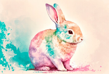 Easter Bunny. Watercolor style. Easter card design. Festive mood. Generative AI illustration.