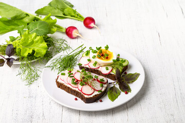 Fototapeta na wymiar Healthy sandwiches with radish, cucumber, egg, curd cheese, sprinkled with green onions and pink pepper. Copy space