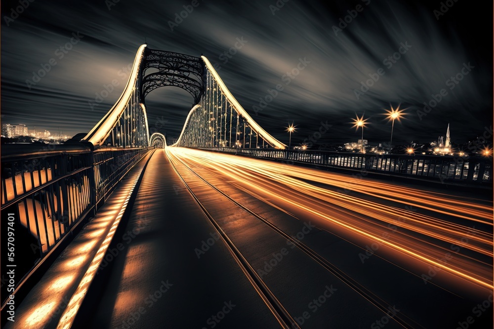 Poster a long exposure picture of a bridge at night with lights on the bridge and the bridge in the backgro