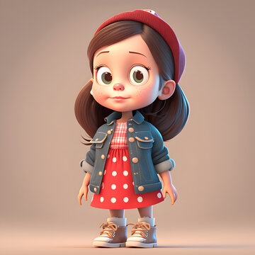 Cute Cartoon Little Girl Red Dress Character 3D Rendered