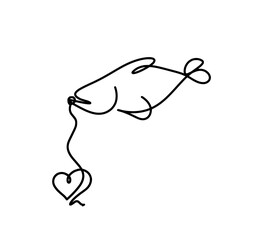 Silhouette of fish and heart as line drawing on white background