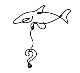 Obraz premium Silhouette of fish and question mark as line drawing on white background