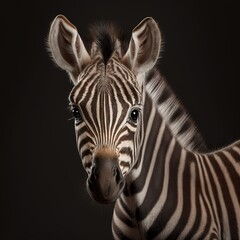 Fototapeta na wymiar Photoshoot of a little zebra. Beautiful funny baby zebra on dark background. Generative AI
