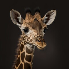 Photoshoot of a little giraffe. Beautiful funny baby giraffe on dark background. Generative AI