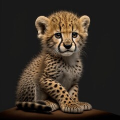 Obraz na płótnie Canvas Photoshoot of a little cheetah. Beautiful funny baby cheetah on dark background. Generative AI