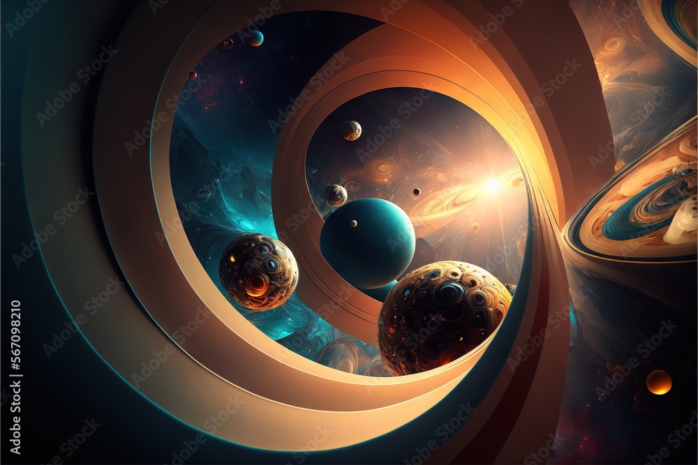 Poster an image of a space scene with planets in the distance and a spiral design in the middle of the imag