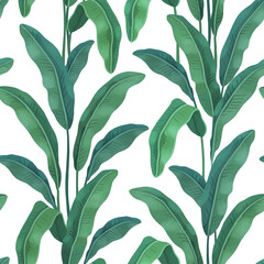 Hand painted illustration of Tropical leaves. Seamless pattern design. Perfect for prints, fabrics, wallpapers, clothes, home textile, packaging design and other goods