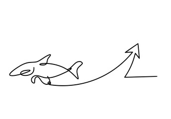 Silhouette of fish and arrow as line drawing on white  background