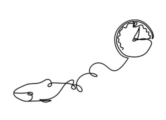 Silhouette of fish and clock as line drawing on white background