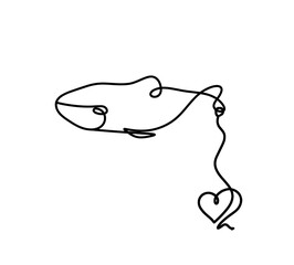 Silhouette of fish and heart as line drawing on white background