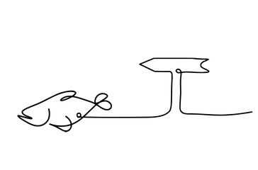 Silhouette of fish and arrow as line drawing on white  background
