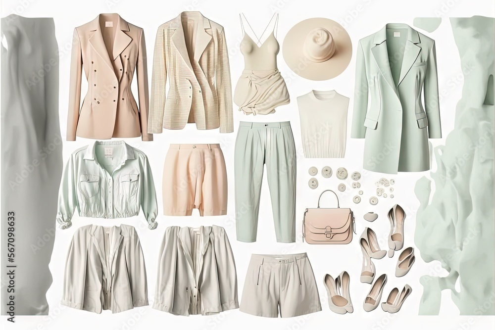 Poster a bunch of different types of clothes and shoes on a white surface with a white background and a whi