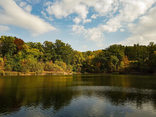 calm river near autumn forest at sunset