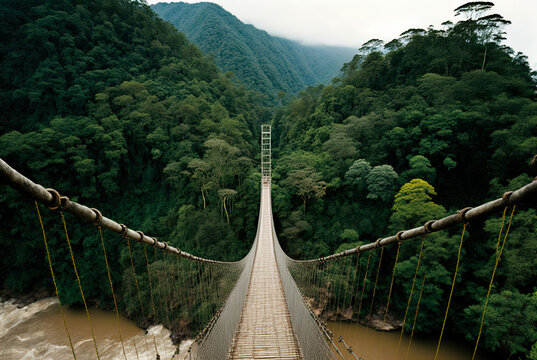 Fototapeta A rope bridge over a river gorge in the jungle. Made with Generative AI.  