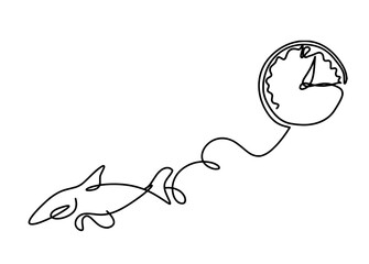 Obraz premium Silhouette of fish and clock as line drawing on white background