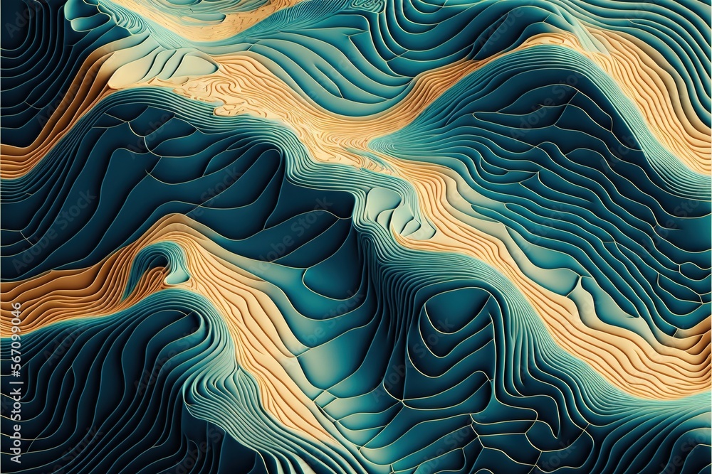 Poster a computer generated image of a mountain range in blue and gold colors with a large amount of wavy l