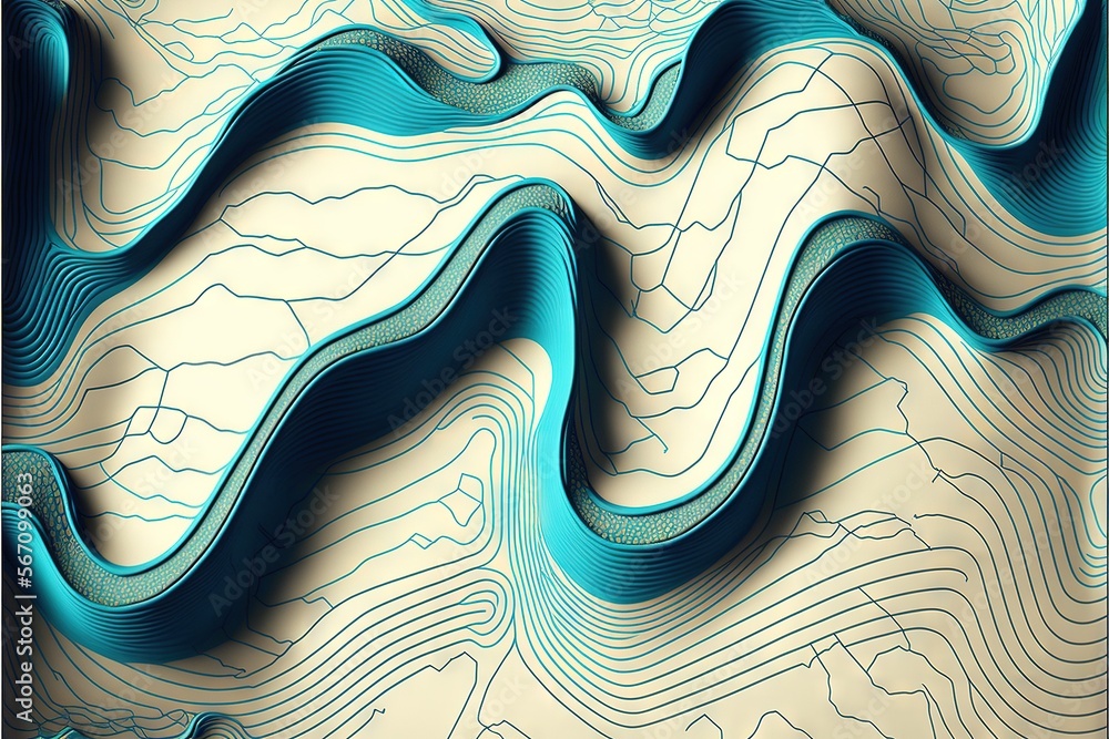 Poster a computer generated image of a wavy blue and beige pattern on a beige background with a black borde