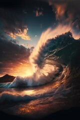 Colorful ocean wave. Crest-shaped seawater. Sunset light and beautiful clouds in the background - Generative AI image