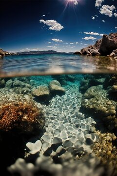 Mediterranean beach with sunlight. calm sea scuba diving in the crystal clear water - Generative AI