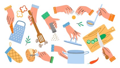 human arms hold kitchen accessories. Preparing food process, hands cutting vegetables on board, peeling potatoes, cooking time, vector set