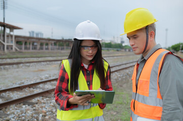 Two engineer working at train station,Work together happily,Help each other analyze the problem,Consult about development guidelines