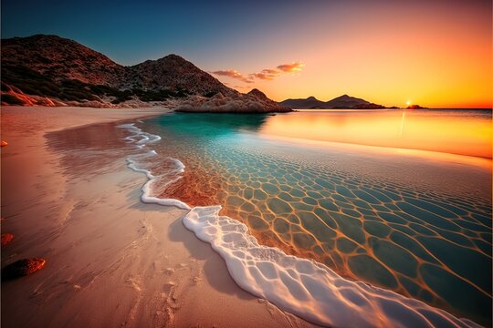Colorful mediterranean beach sunrise with deep blue sky and sunbeams - Generative AI image