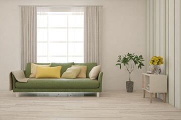 White living room with sofa. Scandinavian interior design. 3D illustration